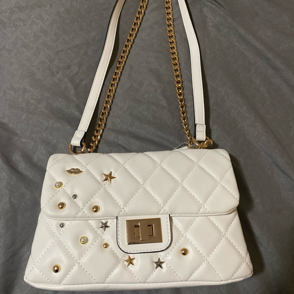 Aldo White Quilted Shoulder Bag with silver and gold studs- adjustable strap